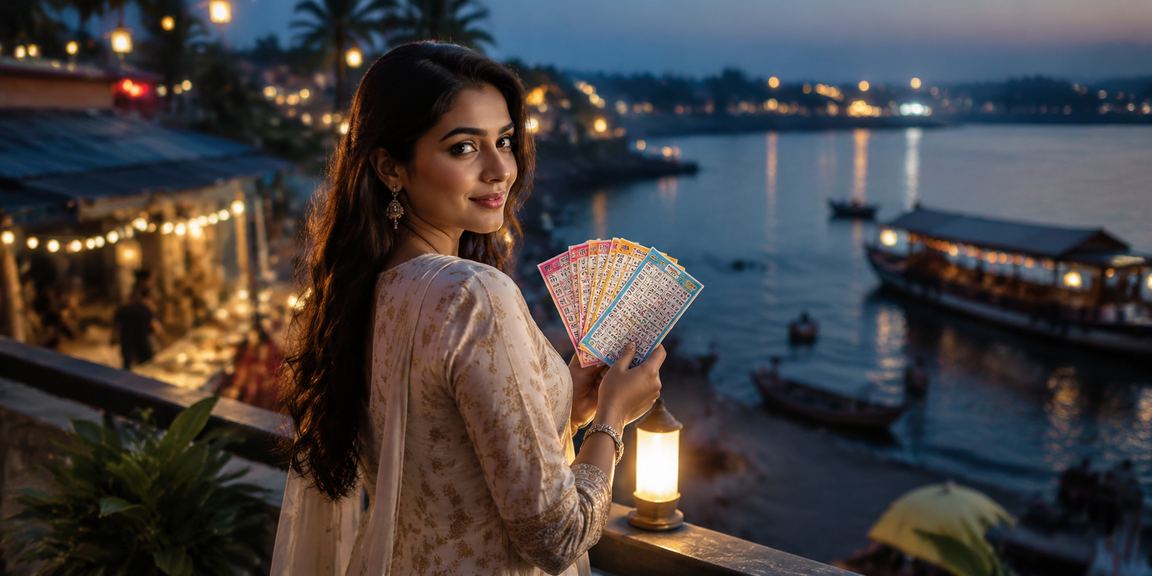 A calm scene of Kerala backwaters with lottery tickets